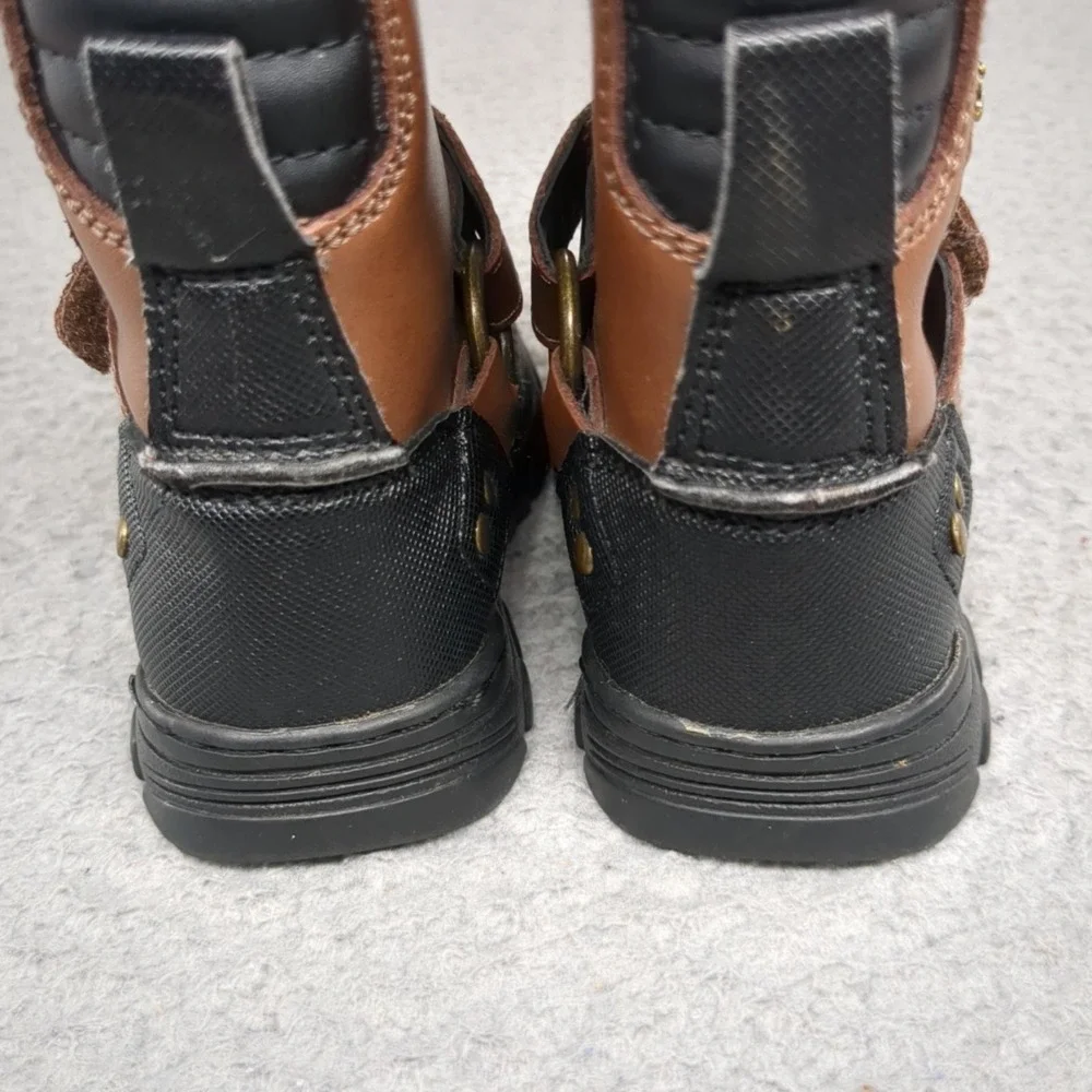 Polo Ralph Lauren Snow Boots Boys 5 Brown Duck Boot Zip Strap Winter Lined